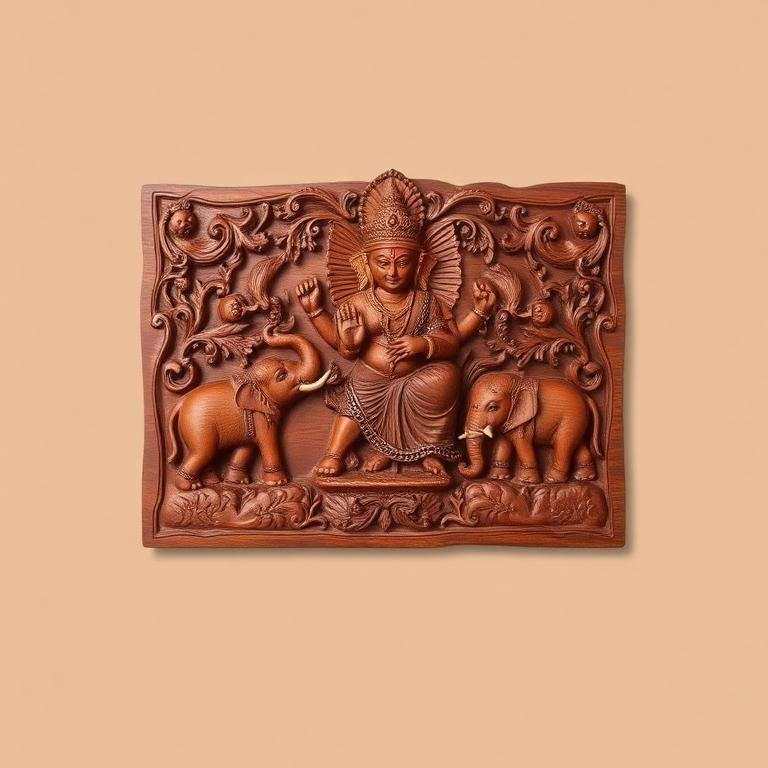 Hand-Carved Gajalakshmi Panel with Elephants